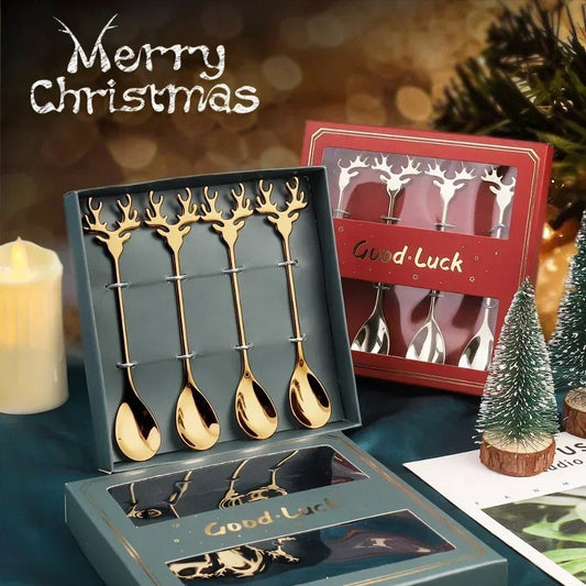 4pcs Christmas Elk Spoons - Stainless New Year Table Decor - Oba Buy