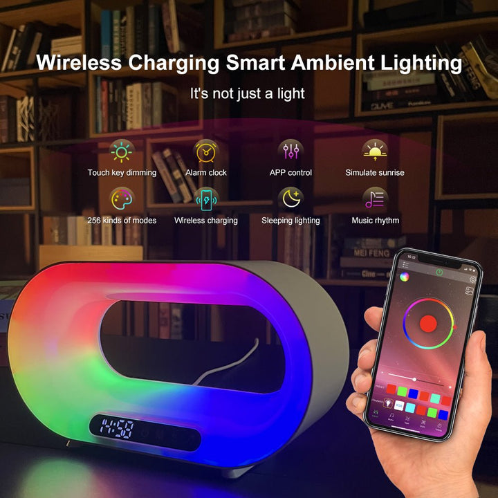 Multi-function 3 In 1 LED Night Light APP Control RGB Atmosphere Desk Lamp Smart Multifunctional Wireless Charger Alarm Clock - Oba Buy