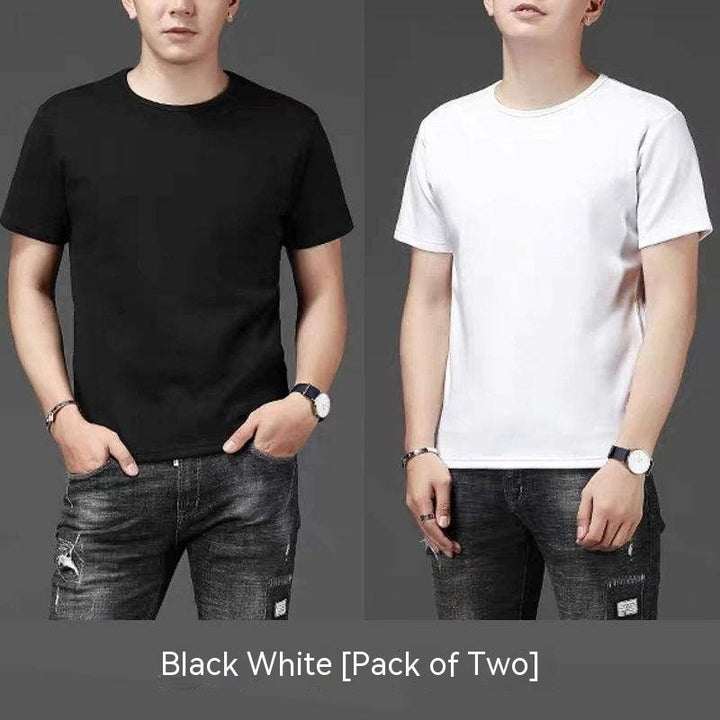 Thin Ice Silk Short Sleeve T-shirt Men's Summer Solid White Round Neck Trend Bottoming Shirt Top - Oba Buy