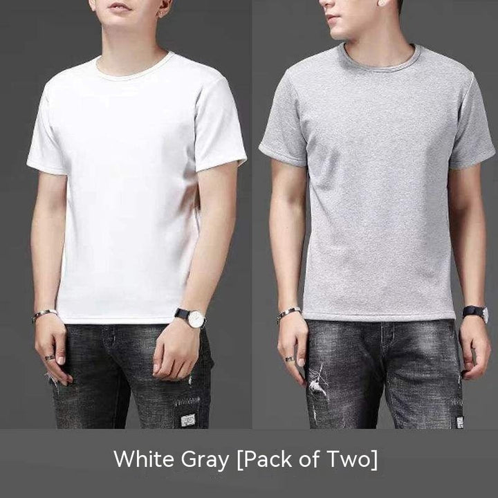 Thin Ice Silk Short Sleeve T-shirt Men's Summer Solid White Round Neck Trend Bottoming Shirt Top - Oba Buy