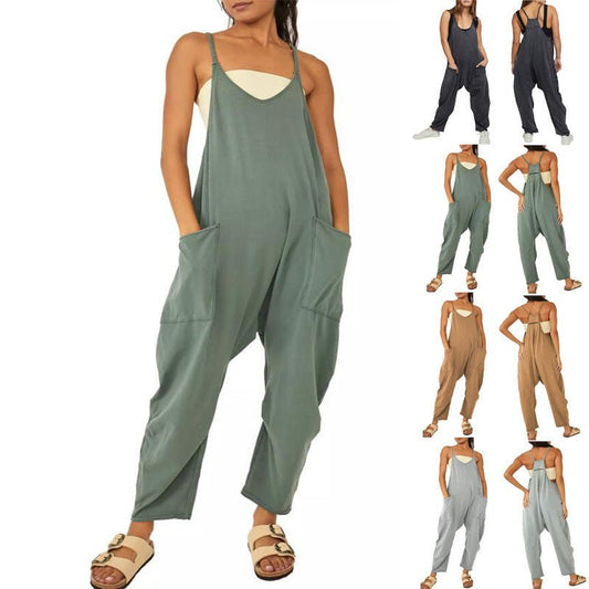 Summer Women's Loose Sleeveless Jumpsuits Spaghetti Strap Long Pant Romper Jumpsuit With Pockets Zipper - Oba Buy