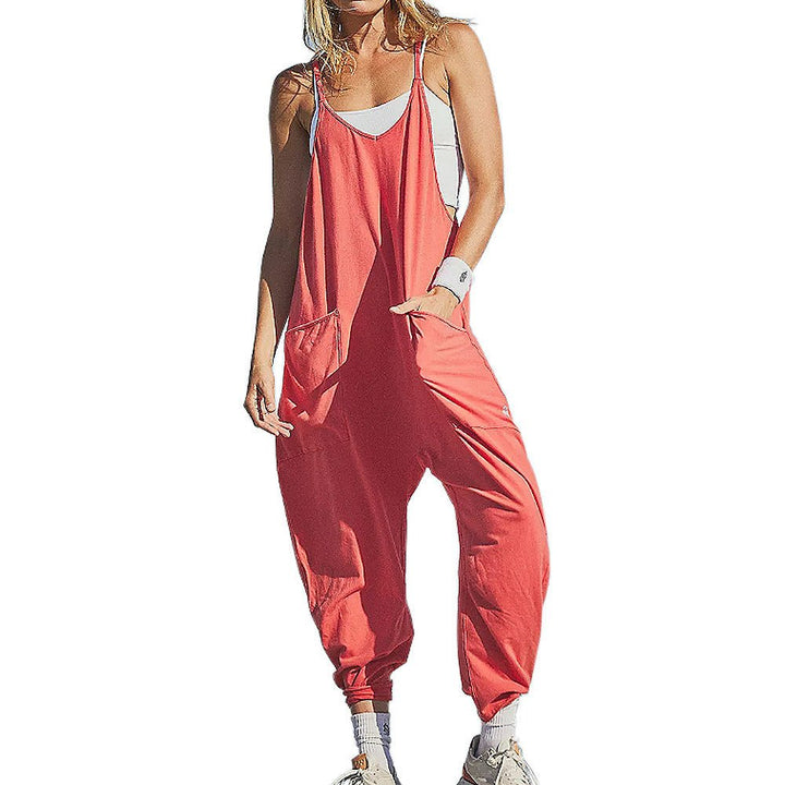 Summer Women's Loose Sleeveless Jumpsuits Spaghetti Strap Long Pant Romper Jumpsuit With Pockets Zipper - Oba Buy