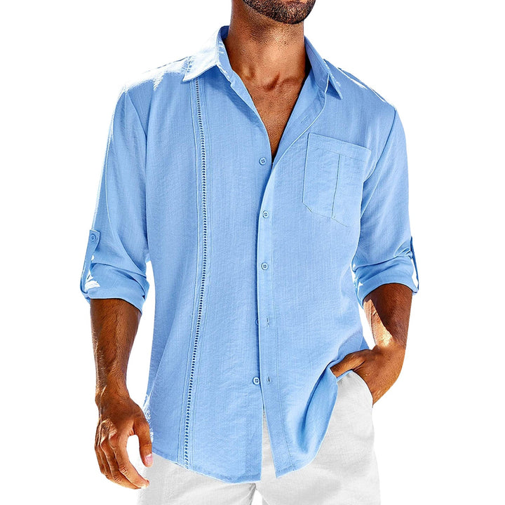 Casual  Long Sleeve Shirt With Pocket Lace Polo Collar Solid Color Button Mens Clothing - Oba Buy