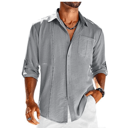 Casual  Long Sleeve Shirt With Pocket Lace Polo Collar Solid Color Button Mens Clothing - Oba Buy