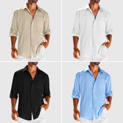 Casual  Long Sleeve Shirt With Pocket Lace Polo Collar Solid Color Button Mens Clothing - Oba Buy