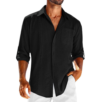 Casual  Long Sleeve Shirt With Pocket Lace Polo Collar Solid Color Button Mens Clothing - Oba Buy