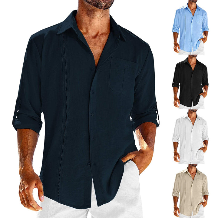 Casual  Long Sleeve Shirt With Pocket Lace Polo Collar Solid Color Button Mens Clothing - Oba Buy