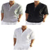 Men's Casual Cotton Linen Solid Color Long Sleeve Shirt Loose Stand Collar - Oba Buy