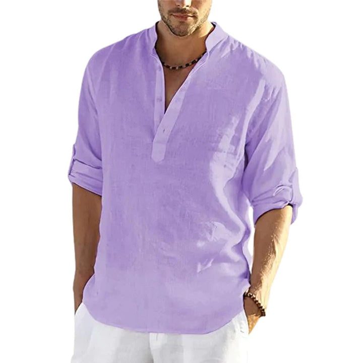 Men's Casual Cotton Linen Solid Color Long Sleeve Shirt Loose Stand Collar - Oba Buy