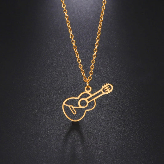 Stainless Steel Hollow Guitar Necklace Hip Hop Small Instrument Pendant for Women Man Rock Music Jewelry Gift Hot Fashion New - Oba Buy