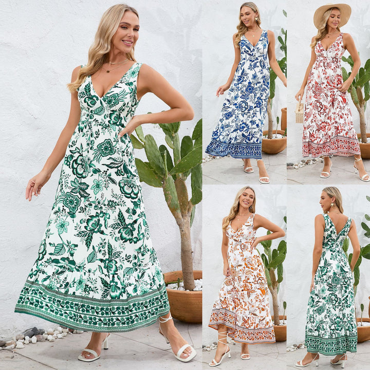 Fashion Floral Print V-neck Dress Summer Sexy Slim Fit Sleeveless Long Dress - Oba Buy