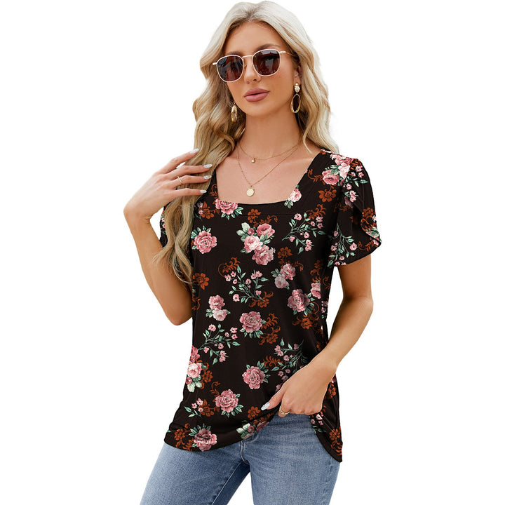 Summer Top Fashion Square Neck Printed Short-sleeved T-shirt With Petal Sleeve Design Bohemian Beach Loose T-shirt For Womens Clothing - Oba Buy