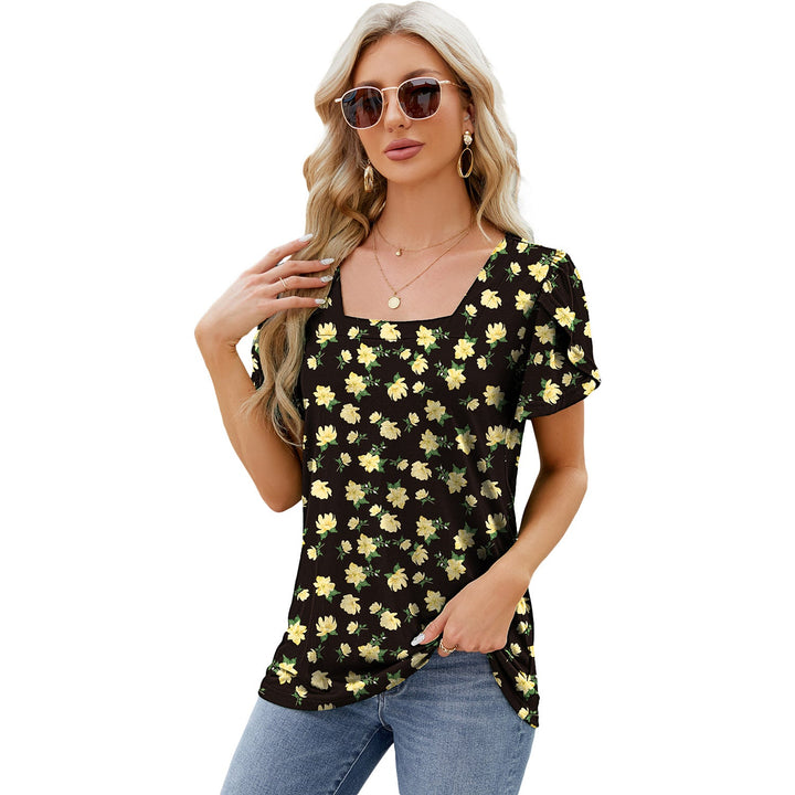 Summer Top Fashion Square Neck Printed Short-sleeved T-shirt With Petal Sleeve Design Bohemian Beach Loose T-shirt For Womens Clothing - Oba Buy