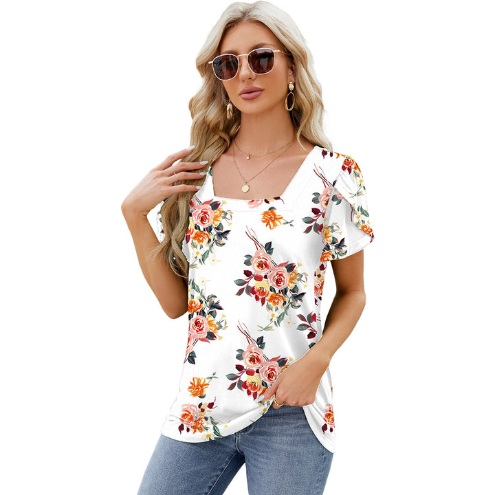 Summer Top Fashion Square Neck Printed Short-sleeved T-shirt With Petal Sleeve Design Bohemian Beach Loose T-shirt For Womens Clothing - Oba Buy