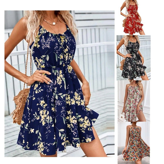 Floral Print Suspender Dress With Elastic Waist Design Fashion Summer Short Dresses Womens Clothing - Oba Buy