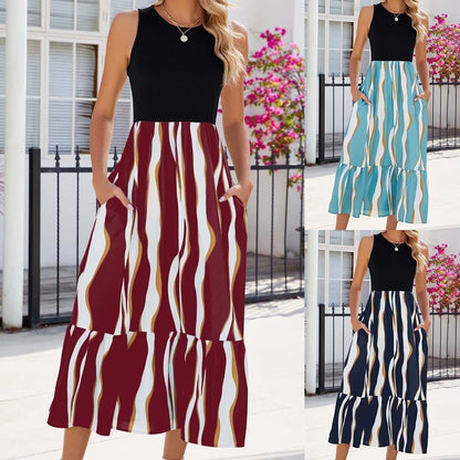 Round Neck Sleeveless Long Dress Summer Fashion Striped Print Dresses Womens Clothing - Oba Buy