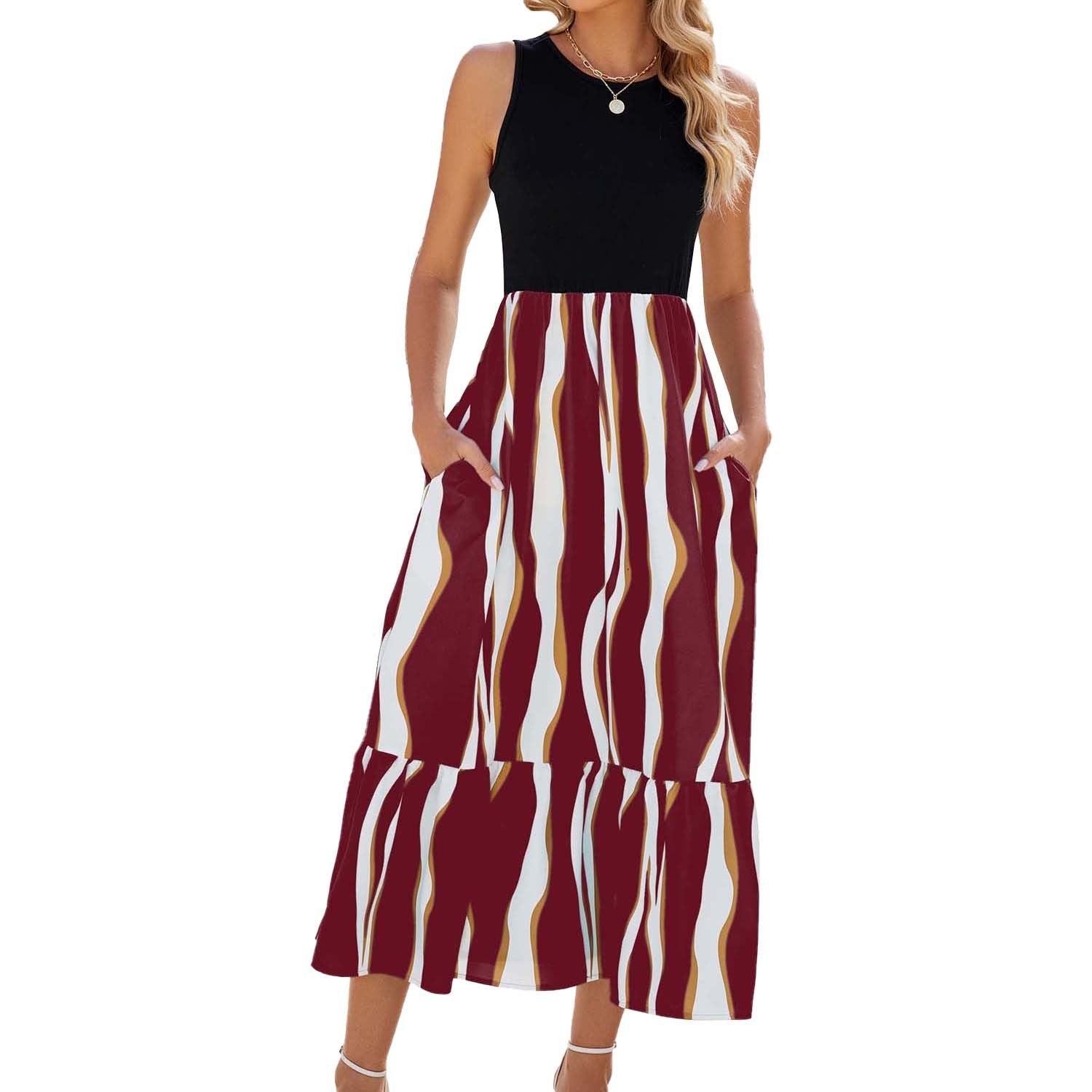 Round Neck Sleeveless Long Dress Summer Fashion Striped Print Dresses Womens Clothing - Oba Buy