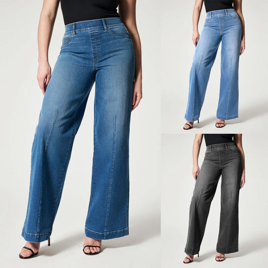 Women's Straight Jeans Mid Waist Wide Leg Pants High Elastic Waist Trousers - Oba Buy