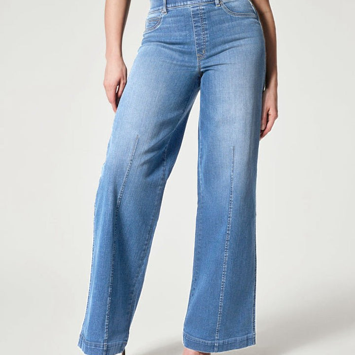 Women's Straight Jeans Mid Waist Wide Leg Pants High Elastic Waist Trousers - Oba Buy