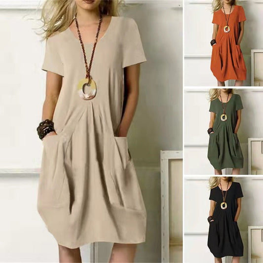 Women's Dress With Pockets Cotton Linen Solid Color Loose Round Neck Short Sleeve Dress Summer - Oba Buy