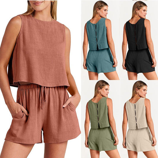 Women's Set Summer Sleeveless Tops And Drawstring Shorts Fashion Suit 2pcs - Oba Buy