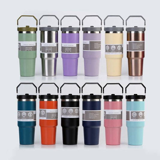 Portable Car Cup Stainless Steel Cup Travel Sports Water Bottle With Handle Cover Coffee Tumbler Cup - Oba Buy